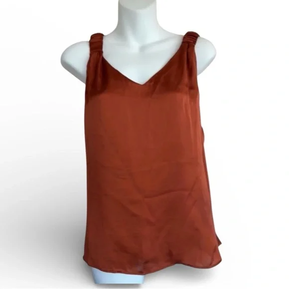 1 STATE Slinky satin bronze top, gathered straps, shoulder-flaunting, sexy L NWT - Picture 1 of 17
